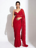 Glamorous Red Sequins Georgette Reception Wear Saree With Blouse