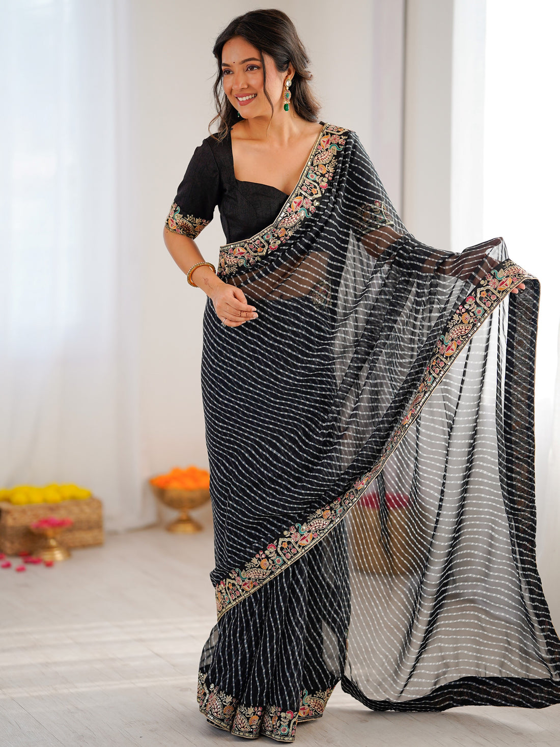 Fantastic Black Embroidered Georgette Festival Wear Saree With Blouse