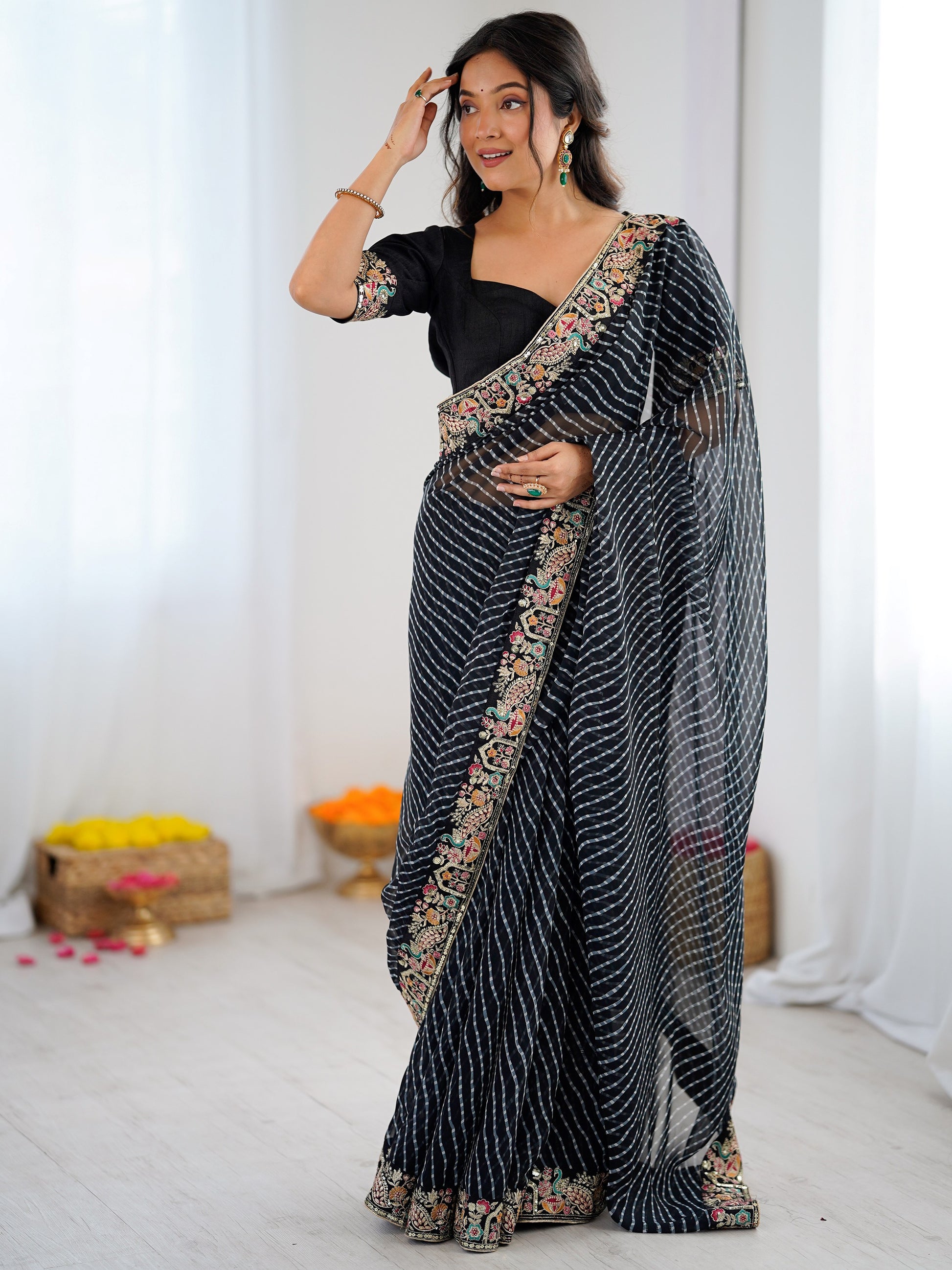 Fantastic Black Embroidered Georgette Festival Wear Saree With Blouse