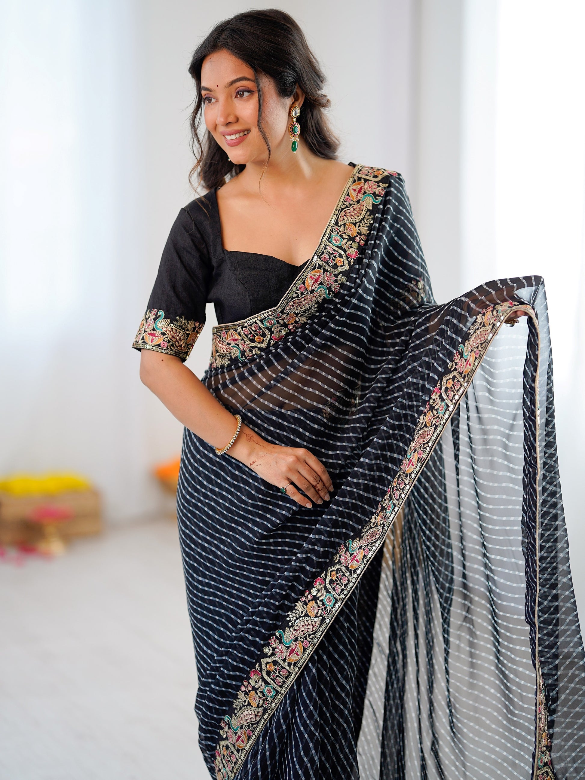 Fantastic Black Embroidered Georgette Festival Wear Saree With Blouse