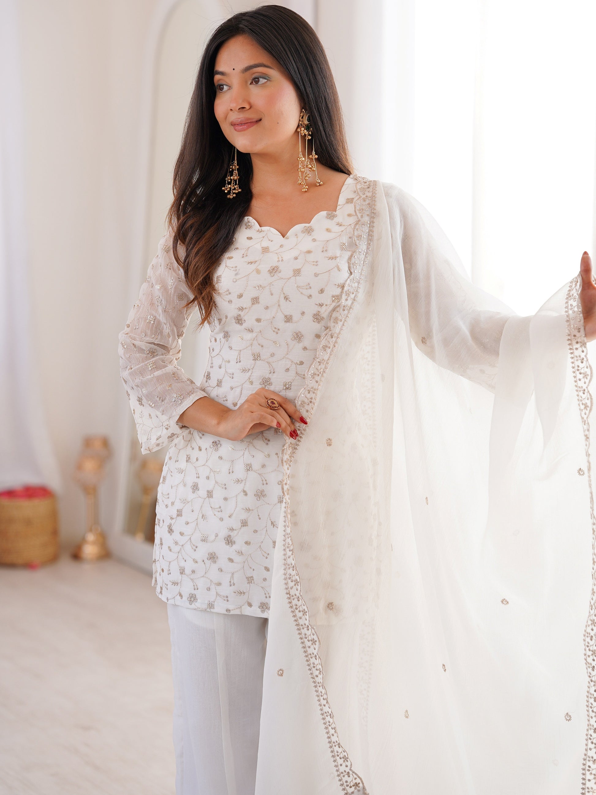 Charming White Embroidered Silk  Festival Wear Suit With Dupatta