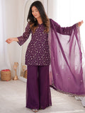 Gorgeous Purple Sequins Silk Festival Wear Pant Suit With Dupatta