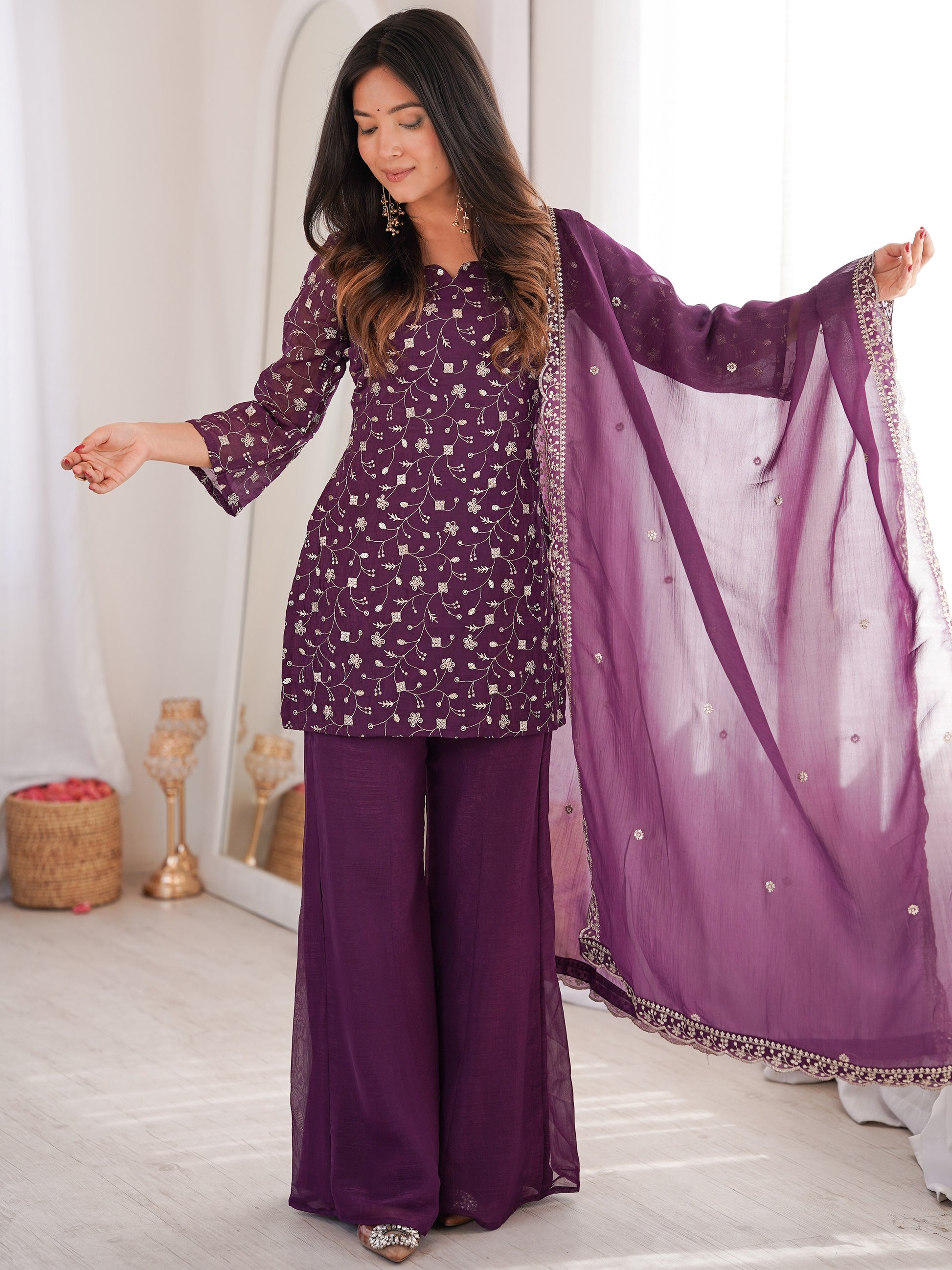 Gorgeous Purple Sequins Silk Festival Wear Pant Suit With Dupatta