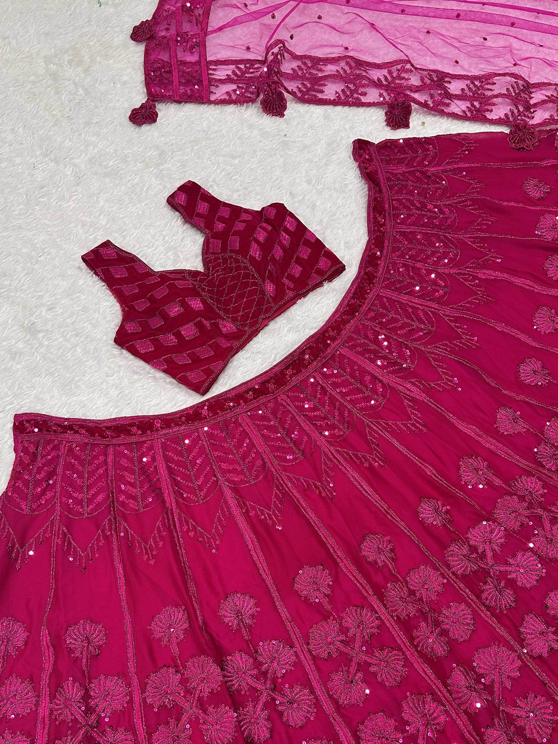 Wonderful Hot Pink Thread Embroidered Silk Lehenga Choli With Dupatta