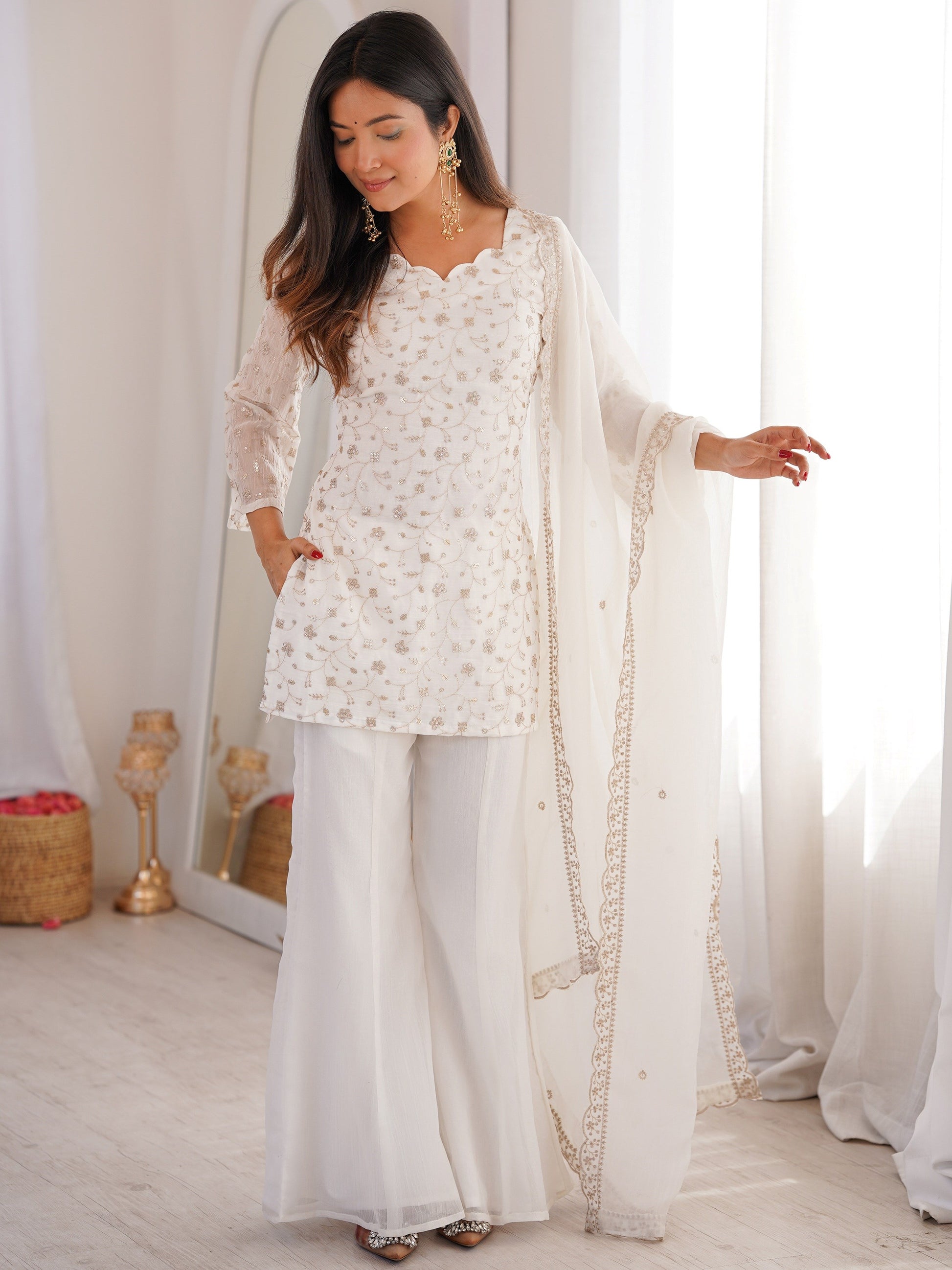 Charming White Embroidered Silk  Festival Wear Suit With Dupatta