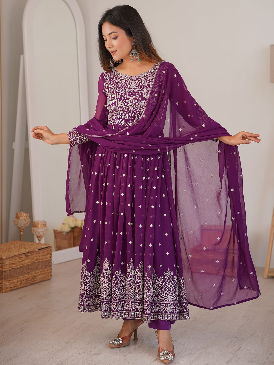 Glamorous Purple Embroidered Georgette Festive Anarkali Suit