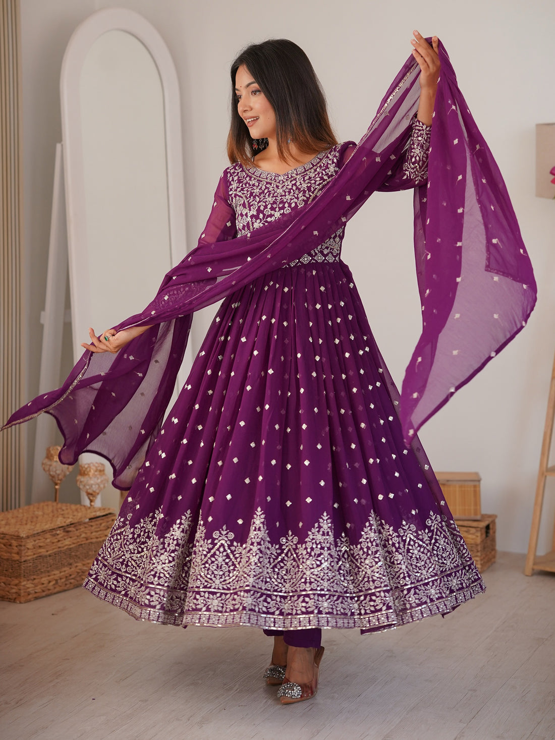 Glamorous Purple Embroidered Georgette Festive Anarkali Suit