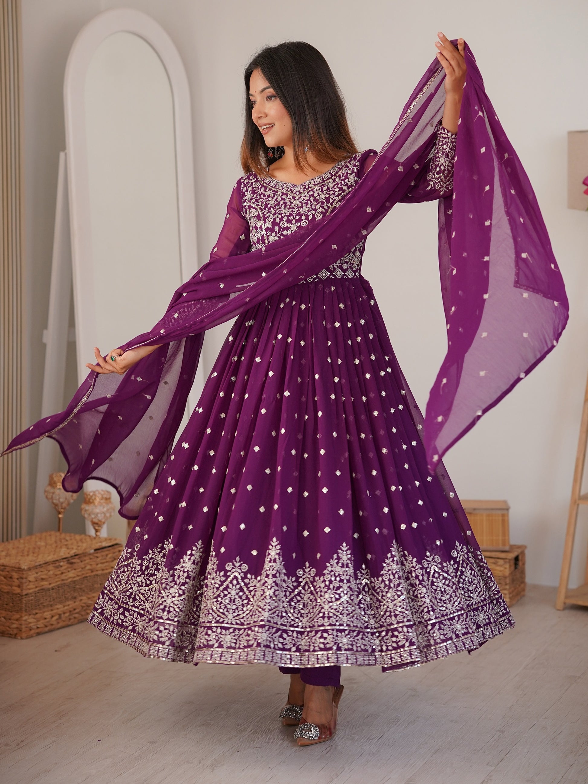 Glamorous Purple Embroidered Georgette Festive Anarkali Suit