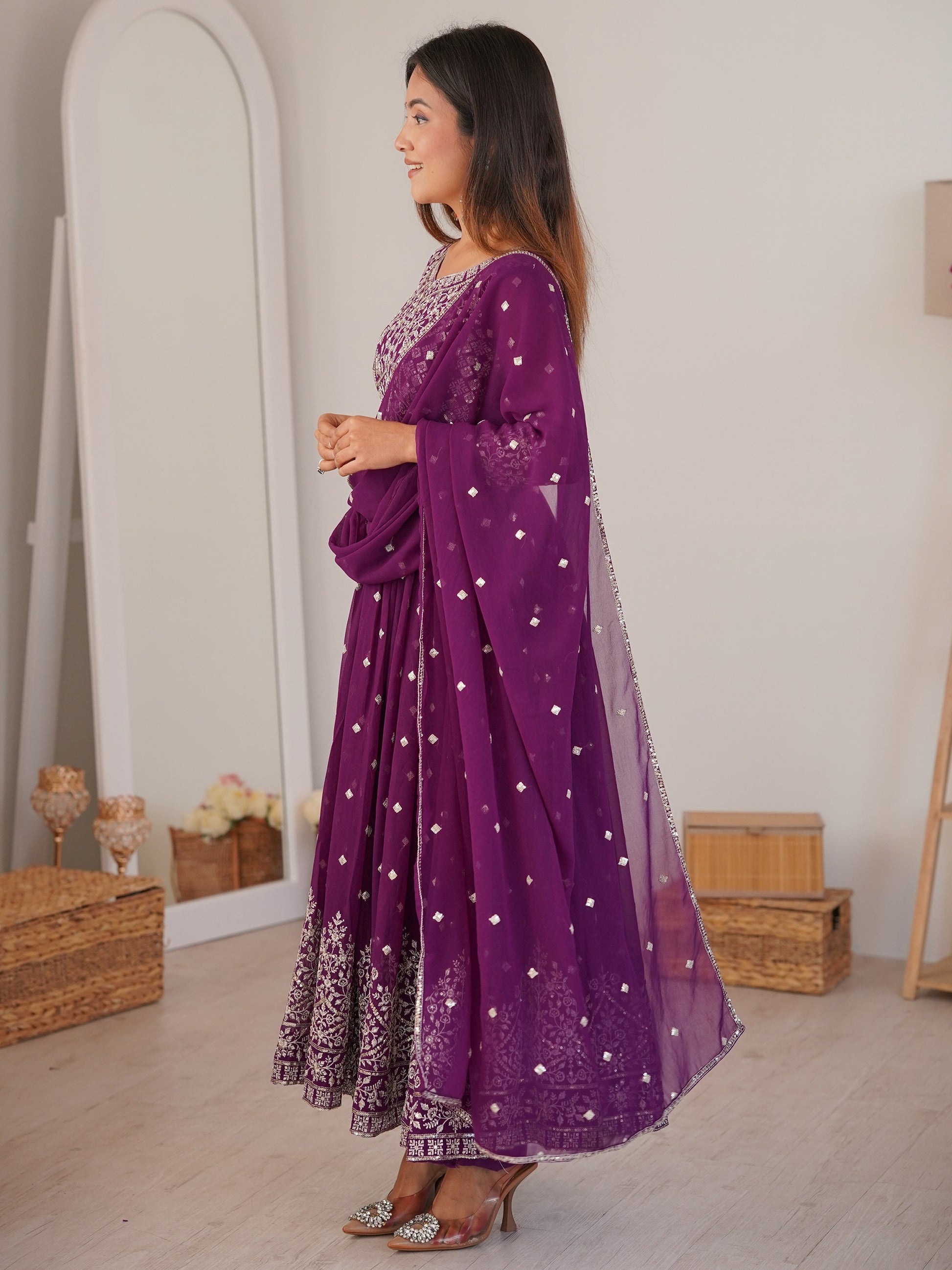 Glamorous Purple Embroidered Georgette Festive Anarkali Suit