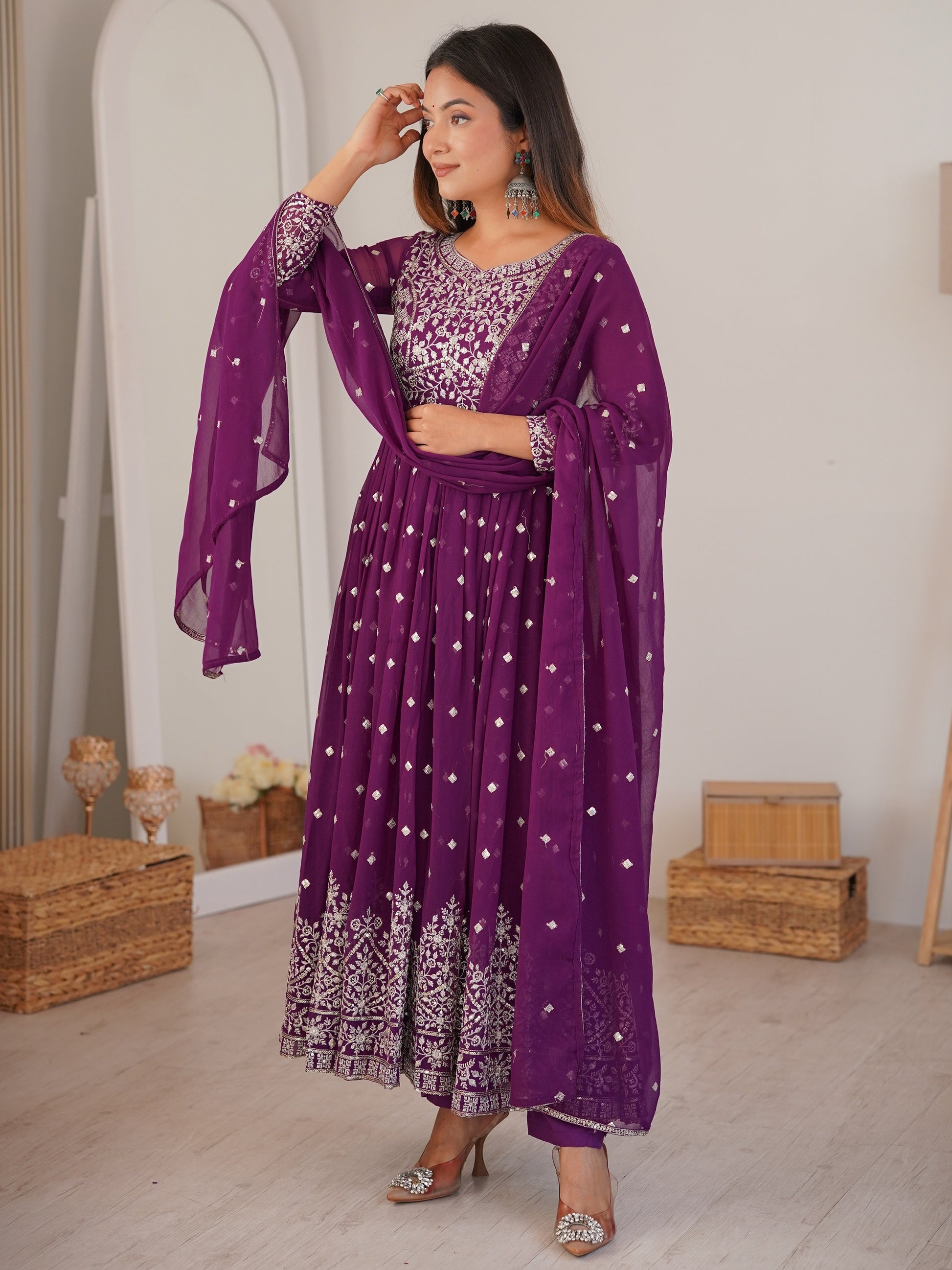 Glamorous Purple Embroidered Georgette Festive Anarkali Suit