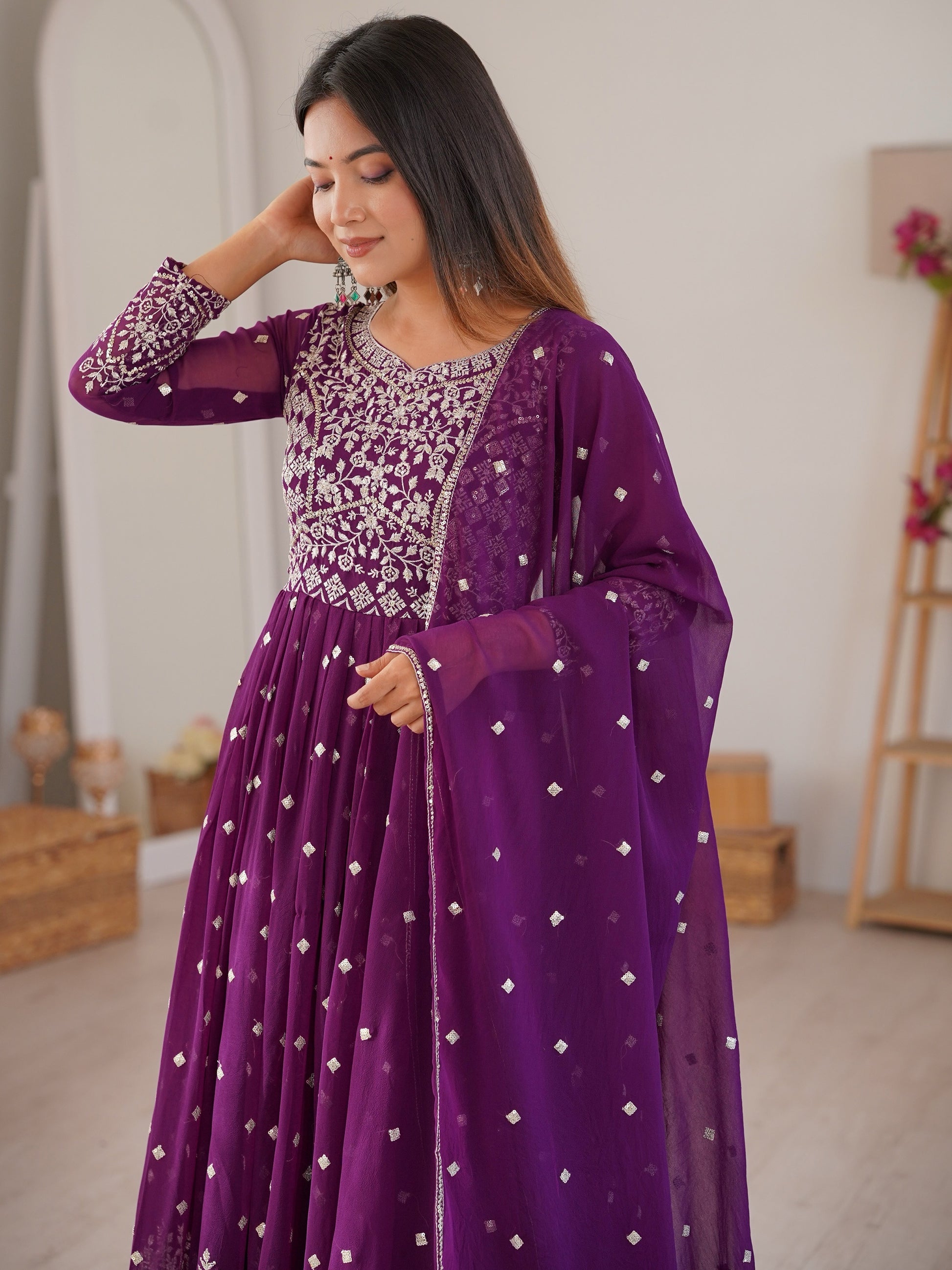 Glamorous Purple Embroidered Georgette Festive Anarkali Suit