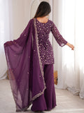 Gorgeous Purple Sequins Silk Festival Wear Pant Suit With Dupatta
