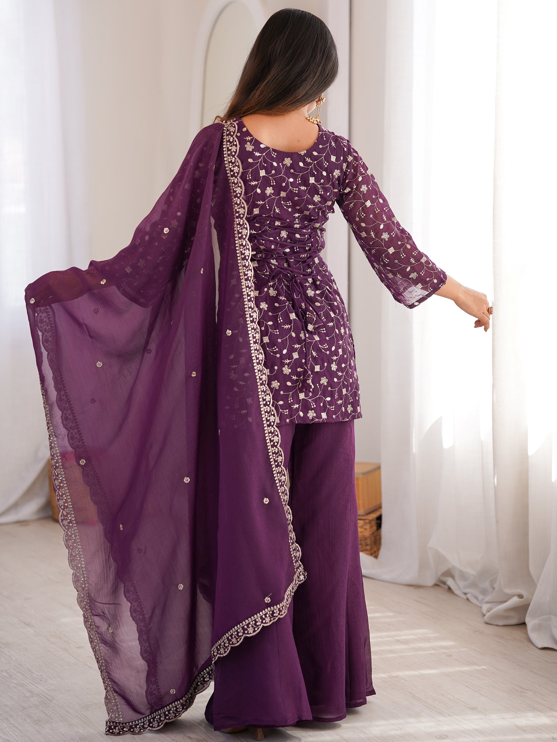 Gorgeous Purple Sequins Silk Festival Wear Pant Suit With Dupatta