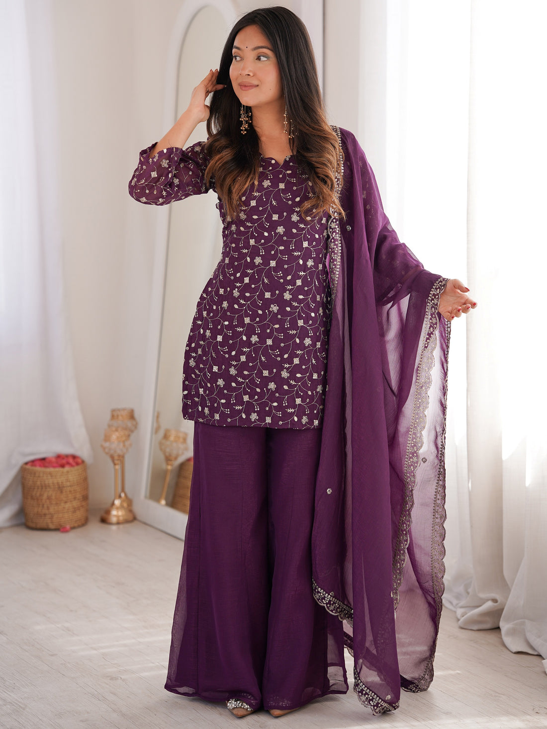 Gorgeous Purple Sequins Silk Festival Wear Pant Suit With Dupatta