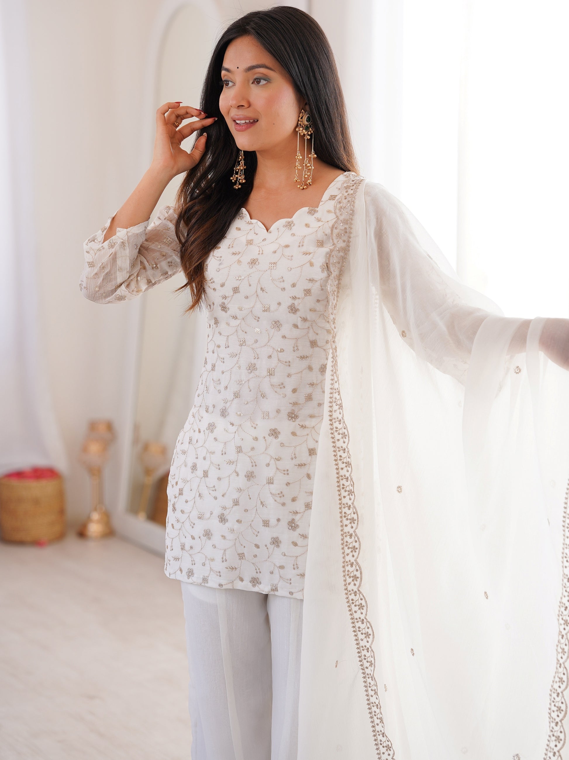 Charming White Embroidered Silk  Festival Wear Suit With Dupatta