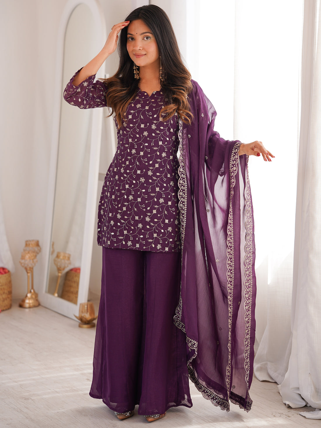 Gorgeous Purple Sequins Silk Festival Wear Pant Suit With Dupatta