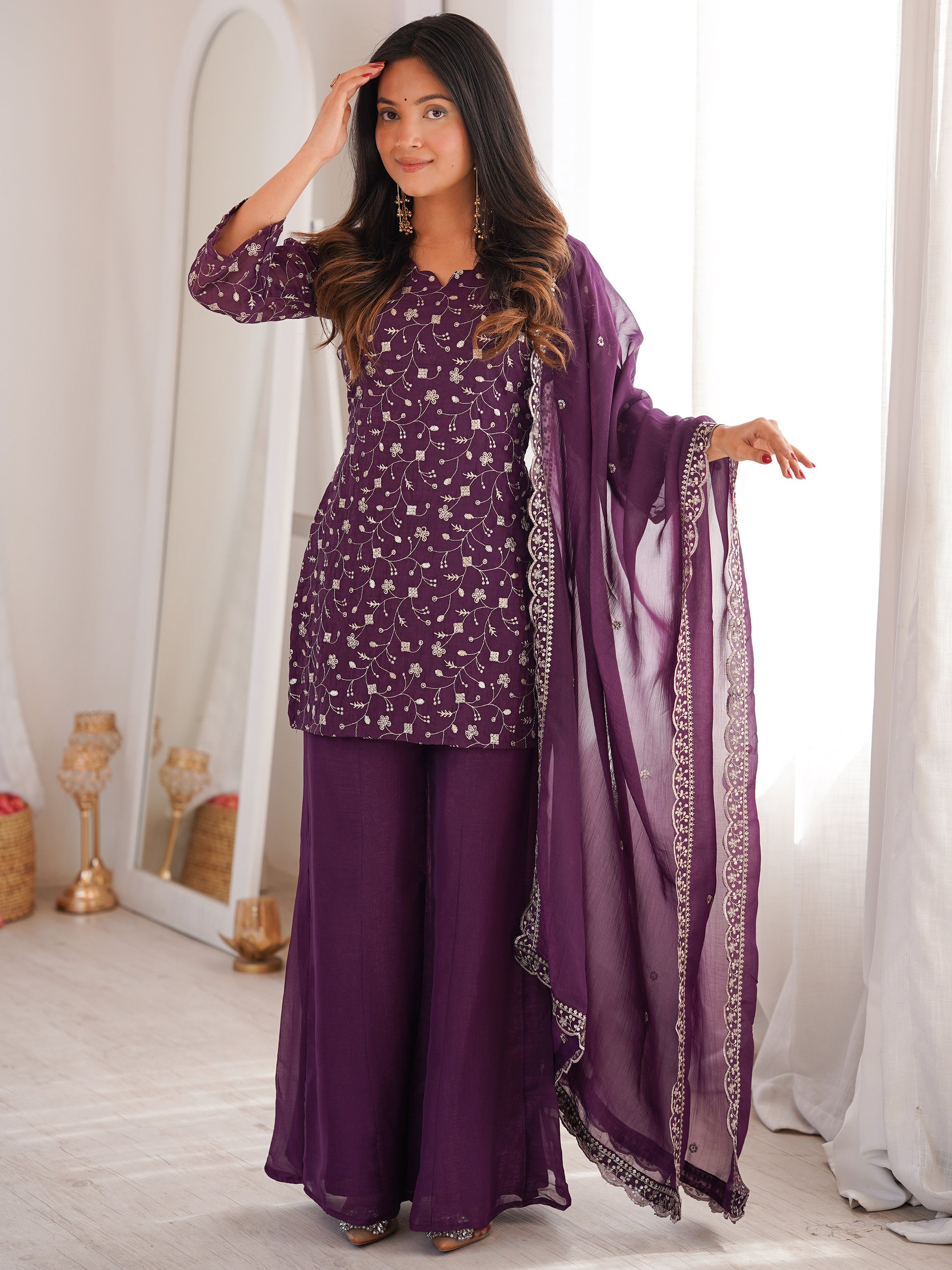 Gorgeous Purple Sequins Silk Festival Wear Pant Suit With Dupatta
