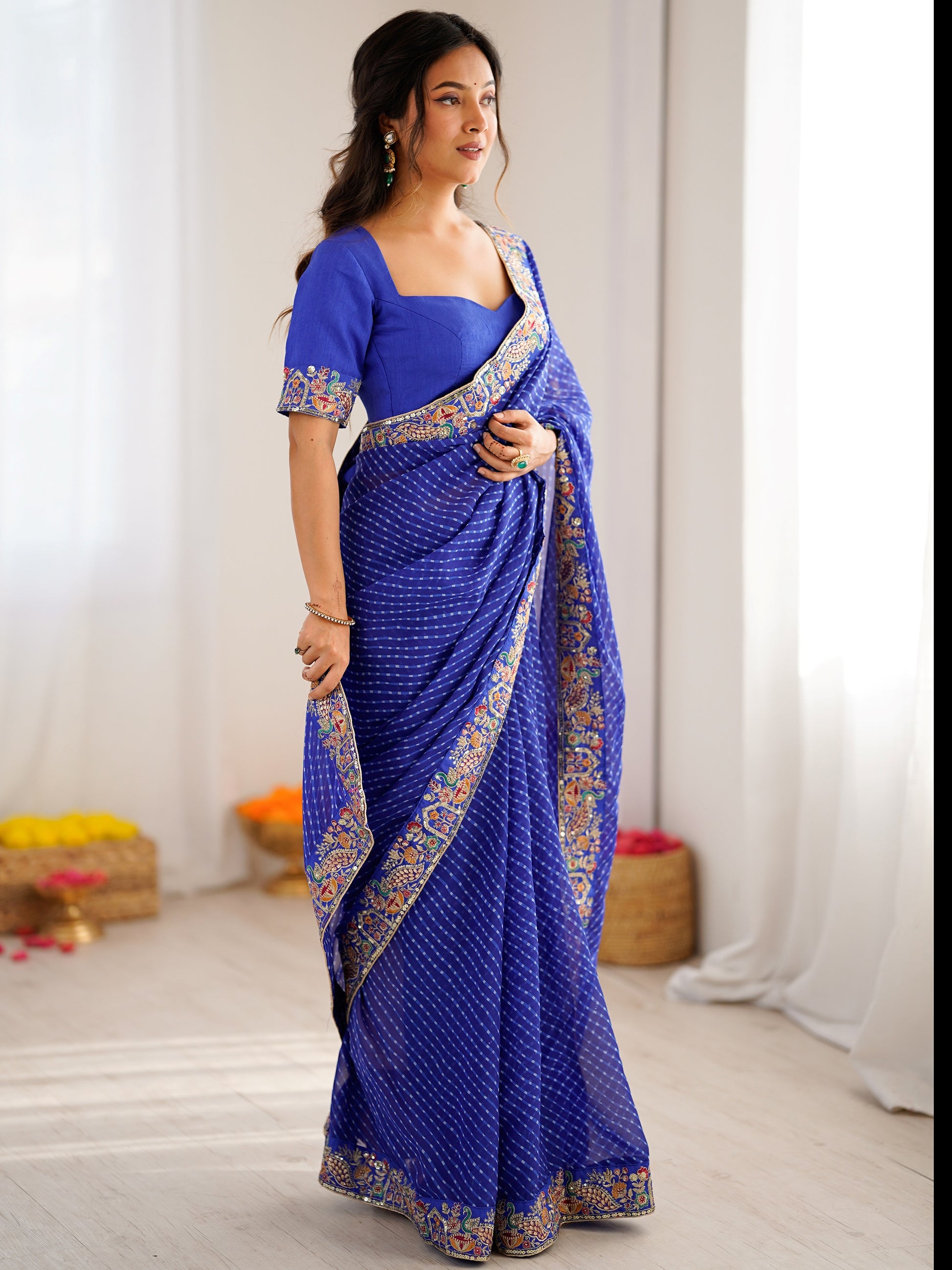 Awesome Blue Bandani Print Georgette Festival Wear Saree With Blouse