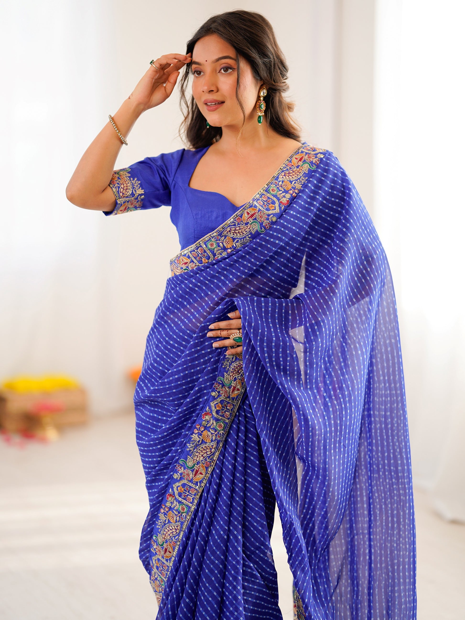 Awesome Blue Bandani Print Georgette Festival Wear Saree With Blouse