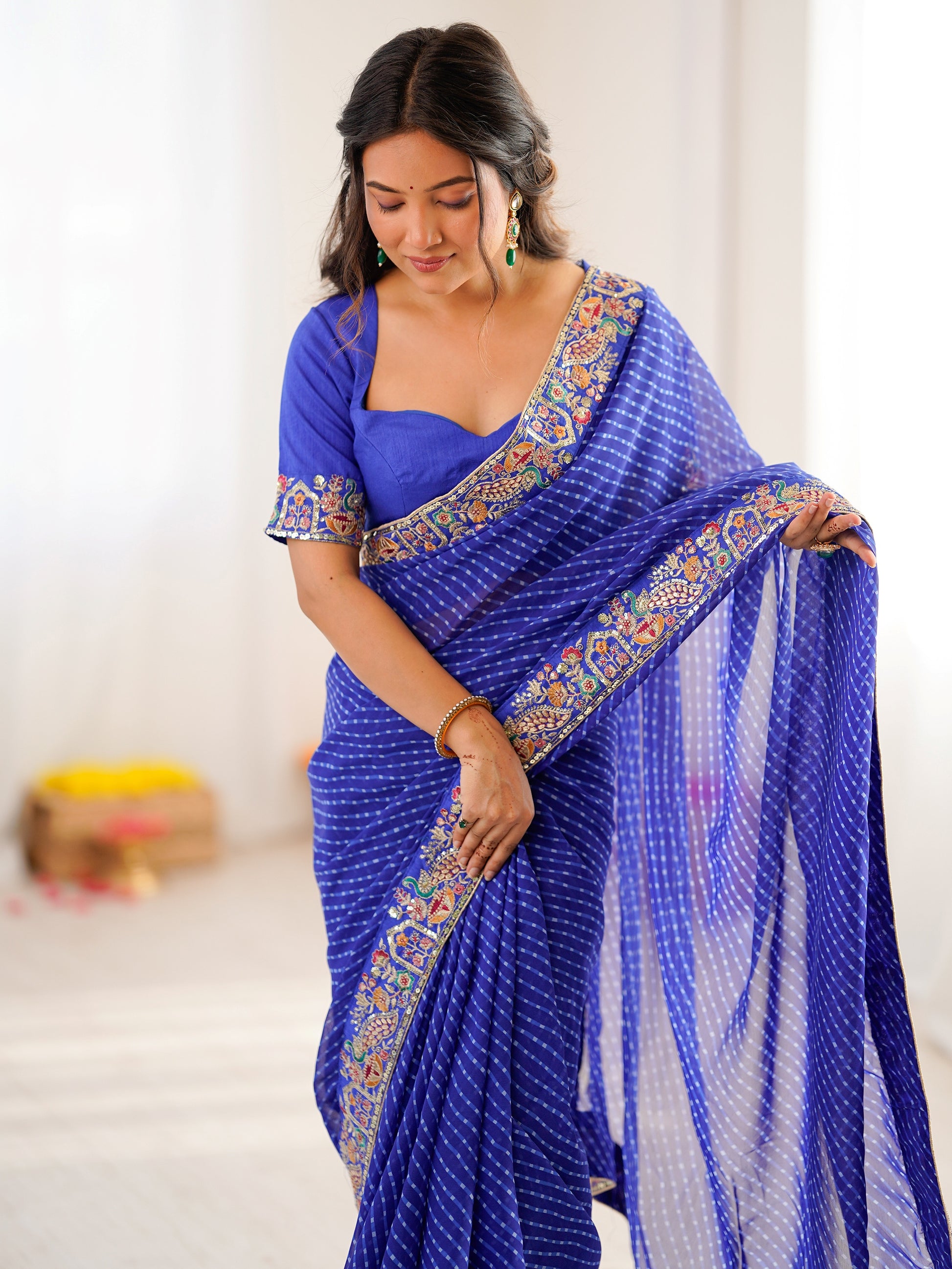 Awesome Blue Bandani Print Georgette Festival Wear Saree With Blouse