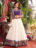 Rich Off-White Thread Embroidered Silk Wedding Lehenga Choli With Koti