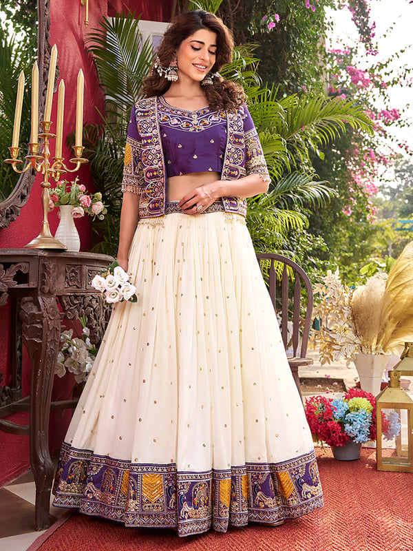 Rich Off-White Thread Embroidered Silk Wedding Lehenga Choli With Koti