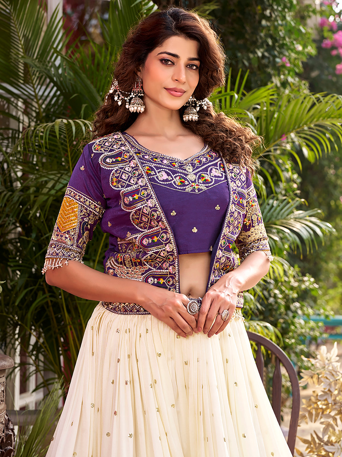 Rich Off-White Thread Embroidered Silk Wedding Lehenga Choli With Koti