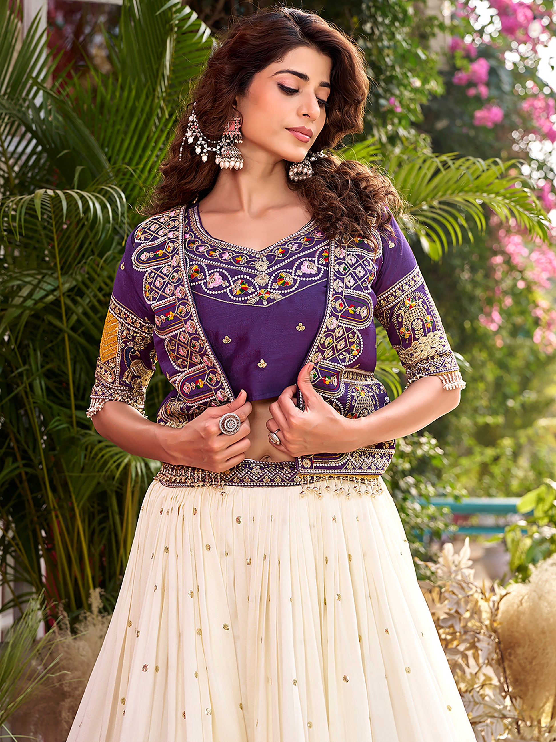 Rich Off-White Thread Embroidered Silk Wedding Lehenga Choli With Koti