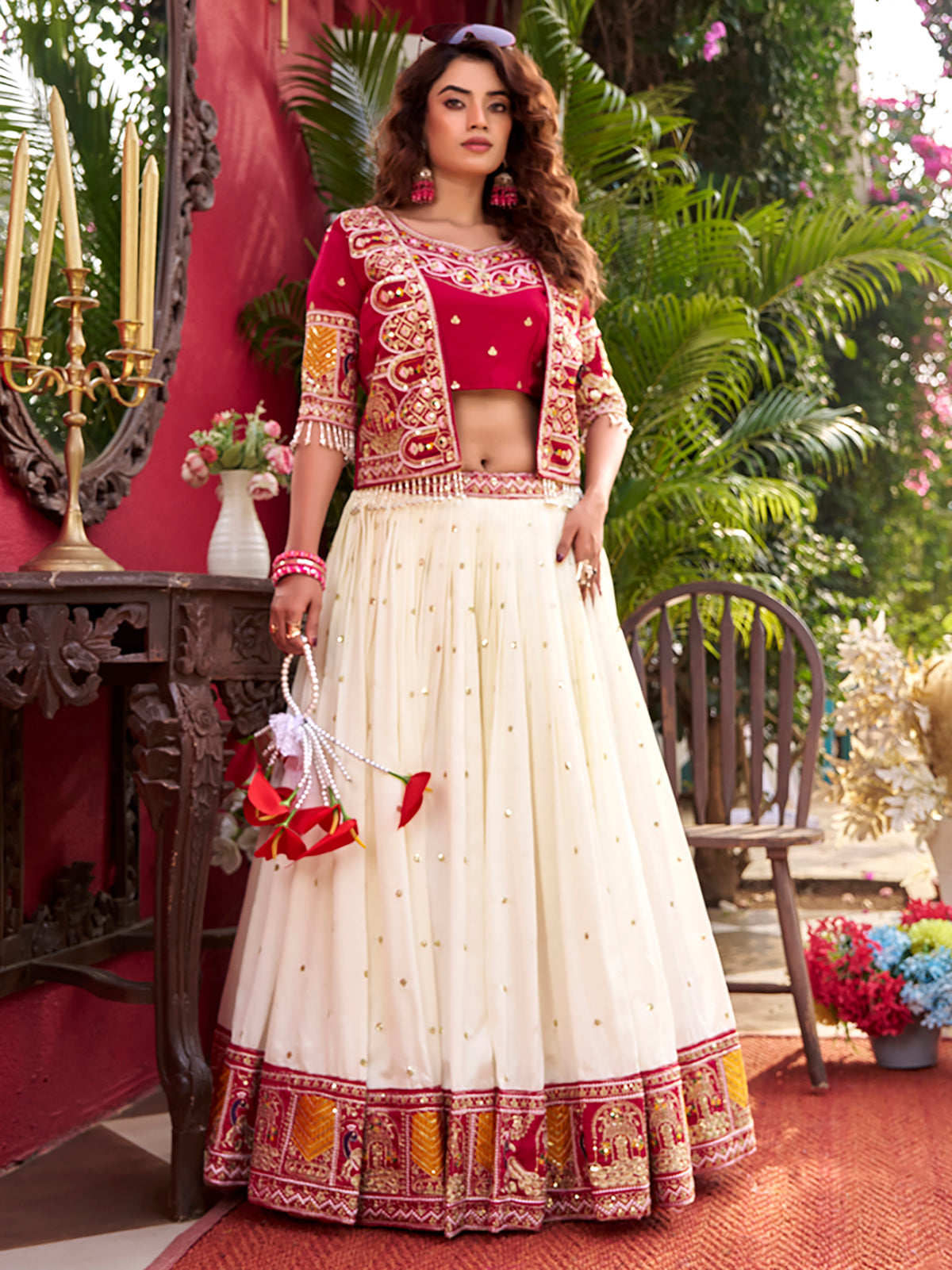 Graceful Off-White Thread Work Silk Designer Lehenga Choli With Koti
