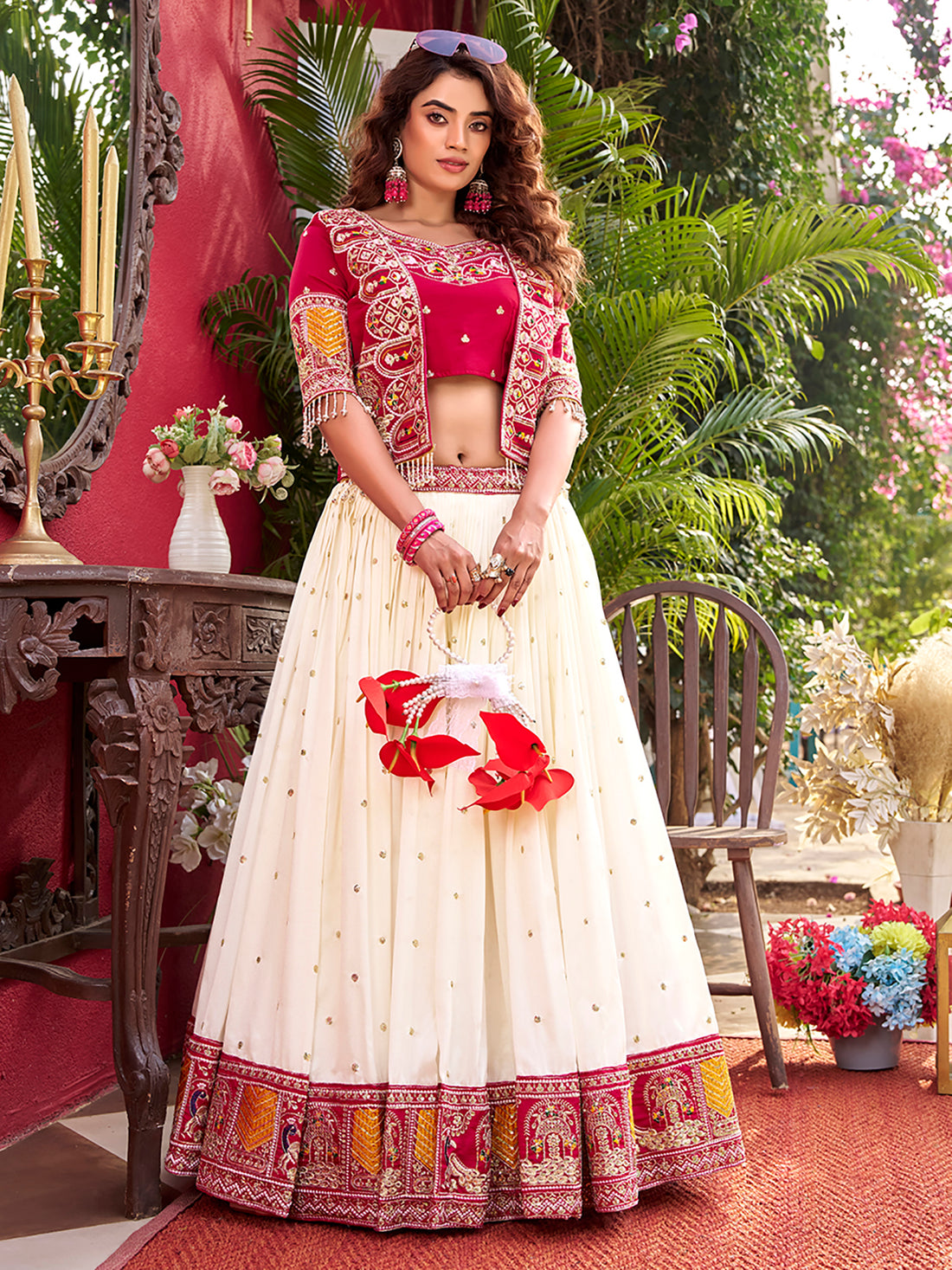 Graceful Off-White Thread Work Silk Designer Lehenga Choli With Koti