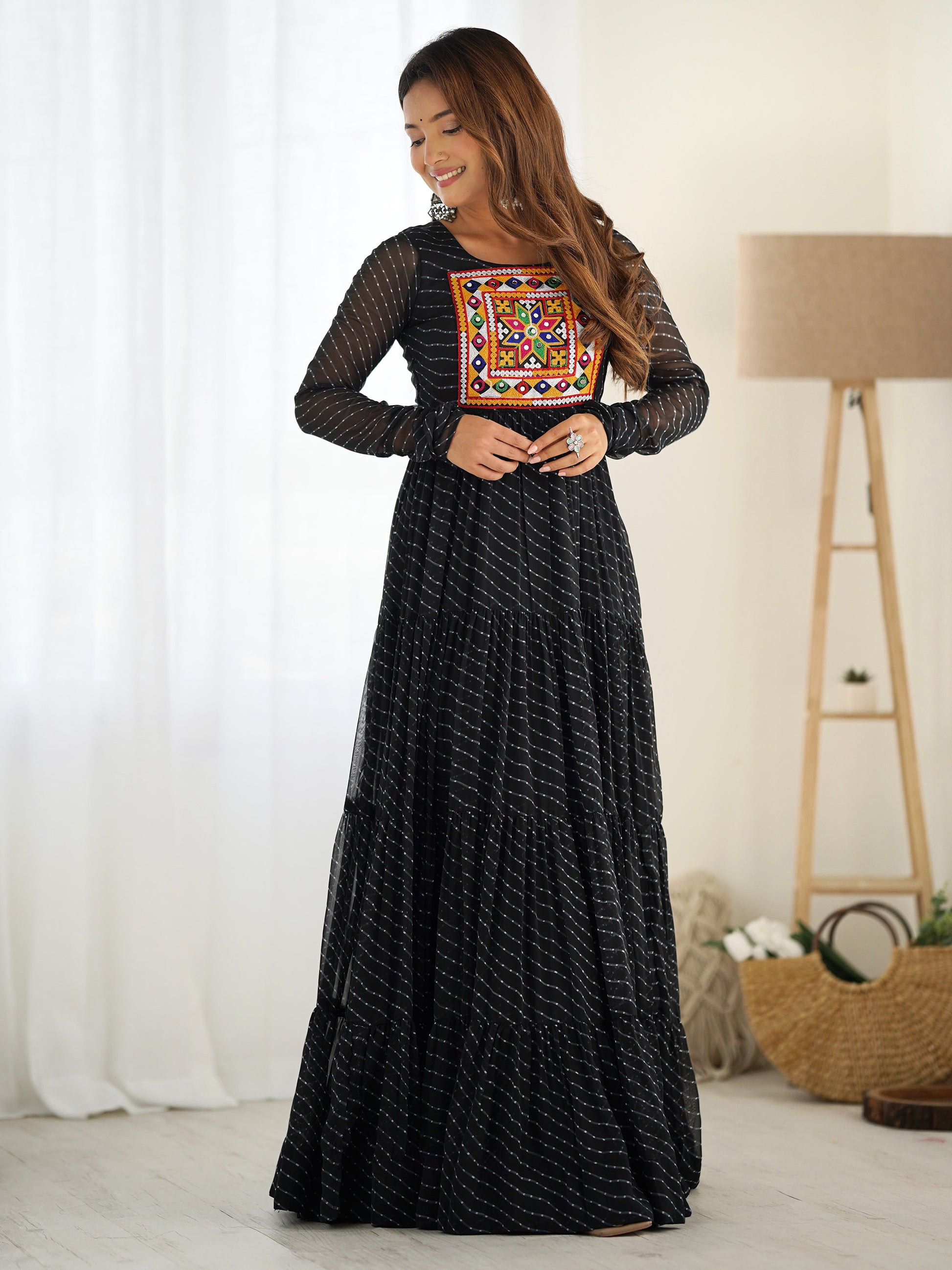Enchanting Black Laheriya Printed Georgette Navratri Wear Gown