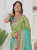 Fabulous Green Coding Embroidery Chinon Evening Wear Saree With Blouse