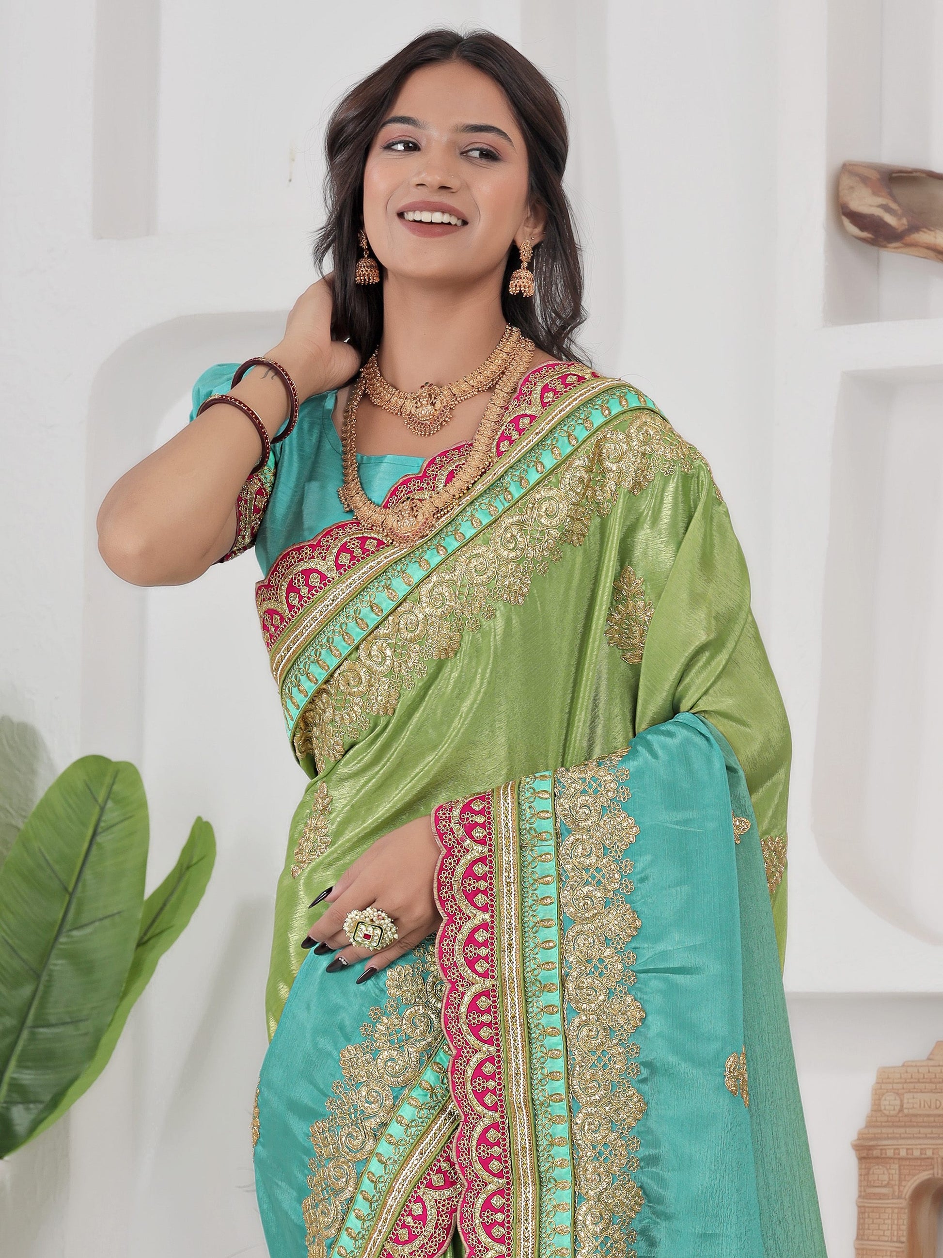 Fabulous Green Coding Embroidery Chinon Evening Wear Saree With Blouse