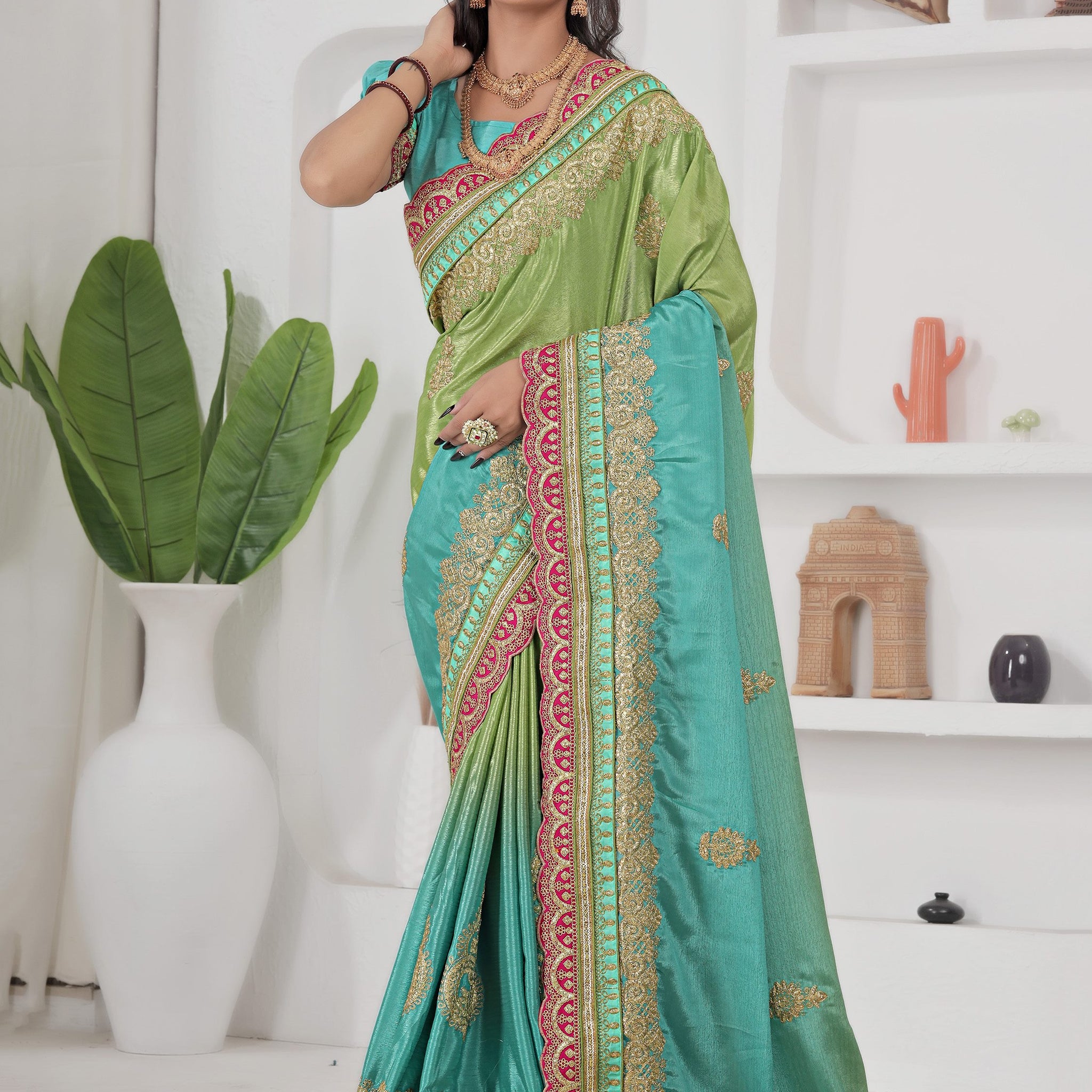 Fabulous Green Coding Embroidery Chinon Evening Wear Saree With Blouse