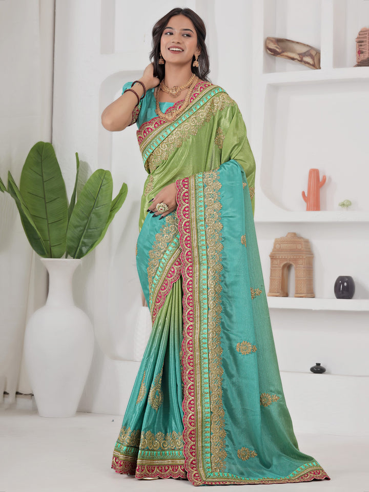 Fabulous Green Coding Embroidery Chinon Evening Wear Saree With Blouse
