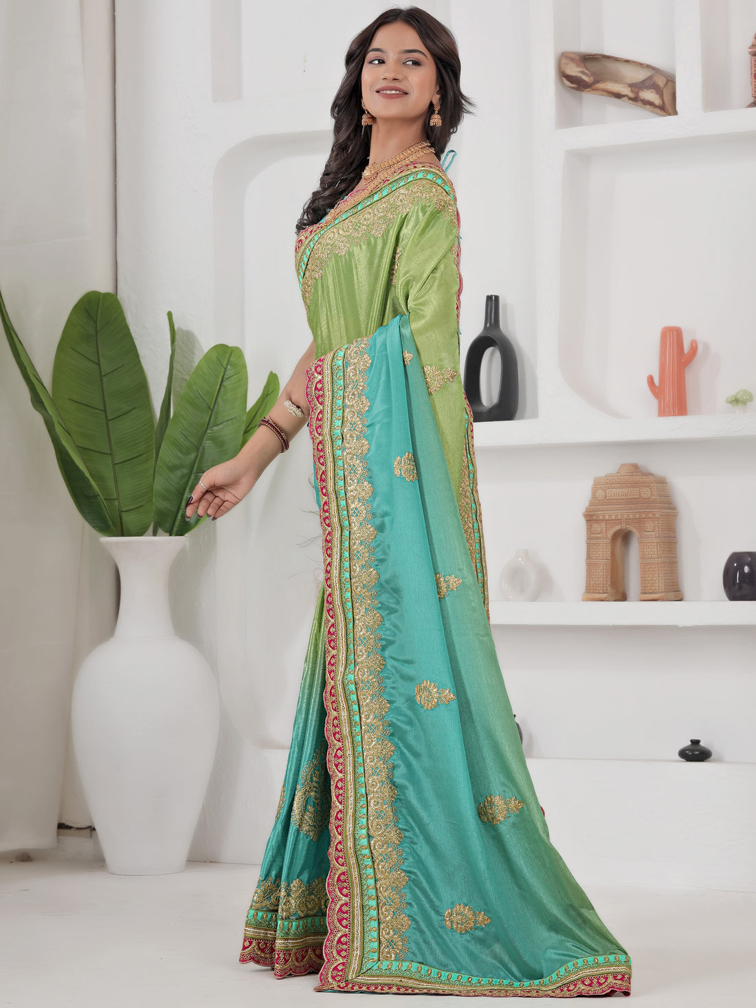 Fabulous Green Coding Embroidery Chinon Evening Wear Saree With Blouse