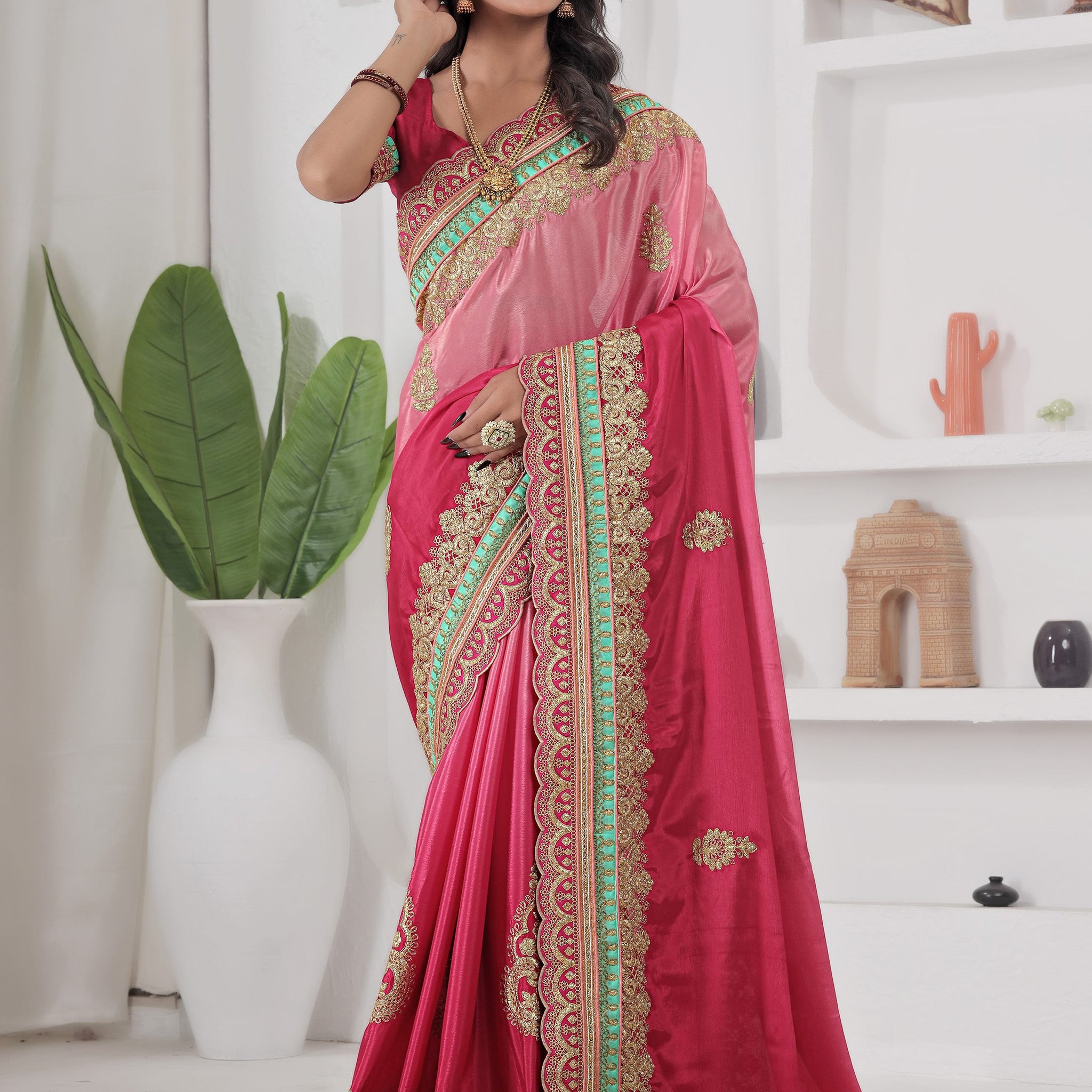 Exceptional Red Coding Work Chinon Festive Wear Saree With Blouse