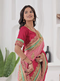 Exceptional Red Coding Work Chinon Festive Wear Saree With Blouse
