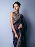 Royal Purple Embroidered Silk Reception Wear Saree With Blouse