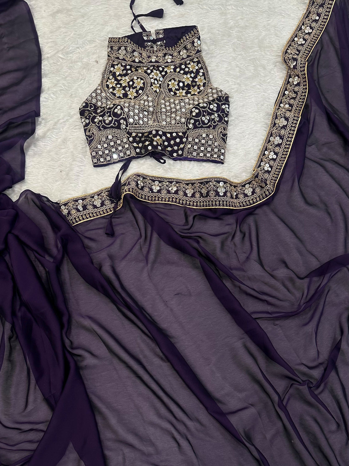 Royal Purple Embroidered Silk Reception Wear Saree With Blouse