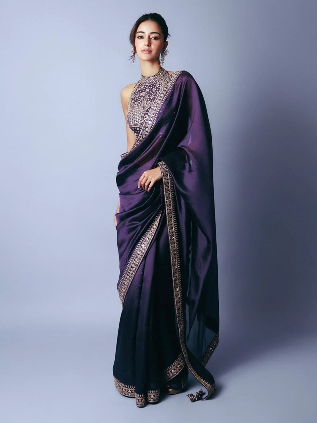 Royal Purple Embroidered Silk Reception Wear Saree With Blouse