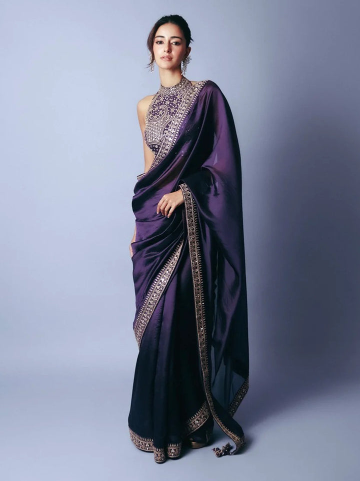 Royal Purple Embroidered Silk Reception Wear Saree With Blouse