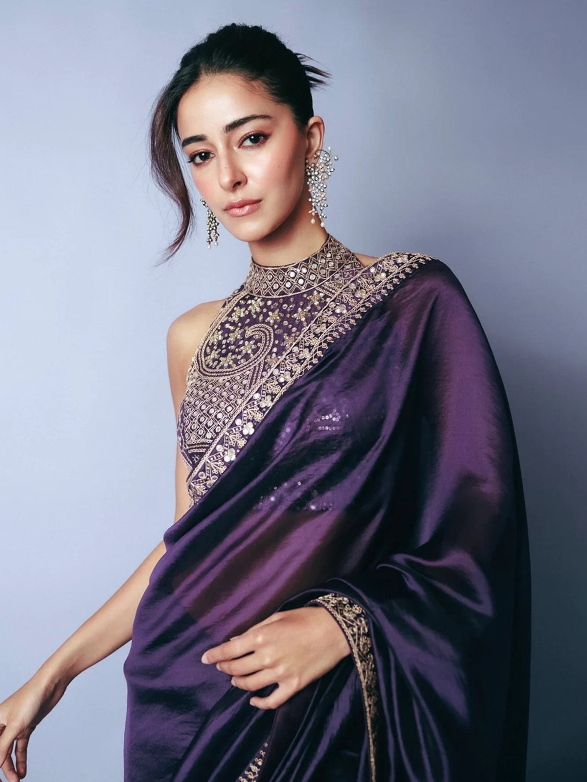 Royal Purple Embroidered Silk Reception Wear Saree With Blouse