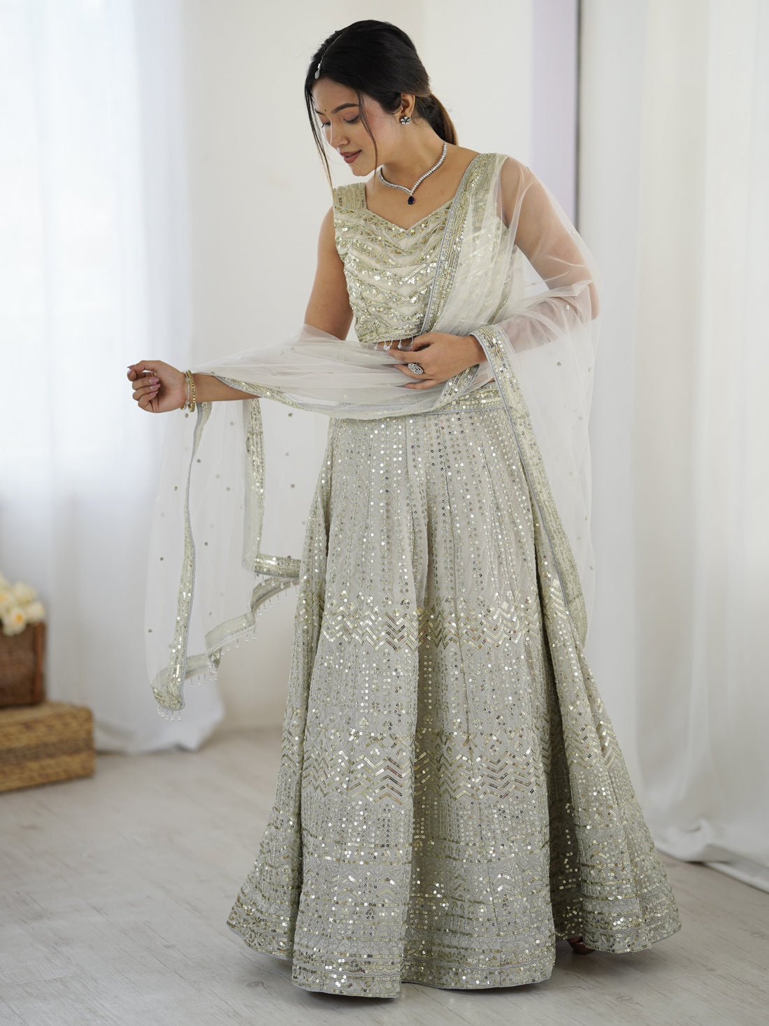 Capricious Grey Dori Work Georgette Wedding Wear Lehenga With Blouse