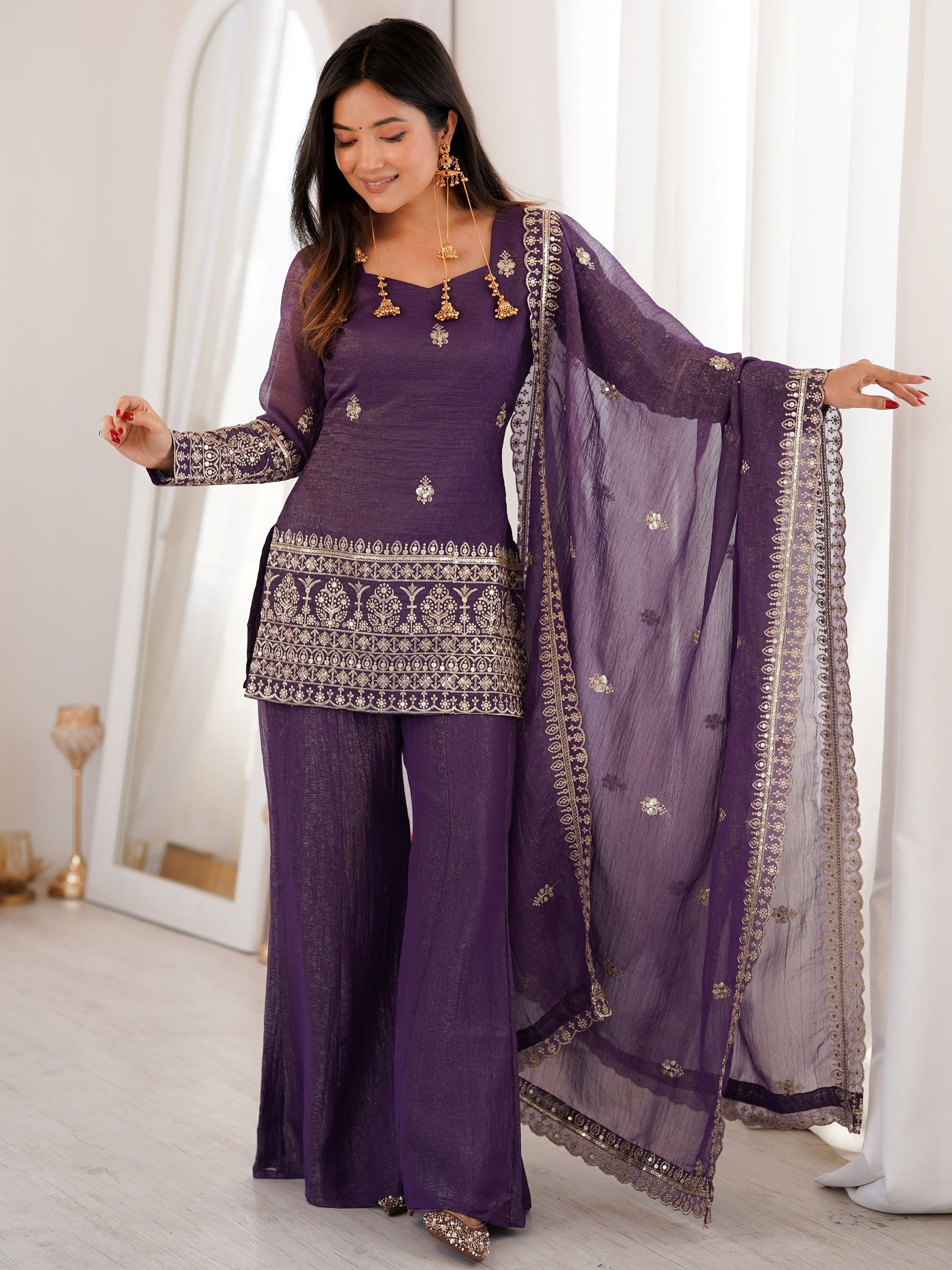 Dazzling Wine Zari Work Silk Festival Wear Suit With Dupatta
