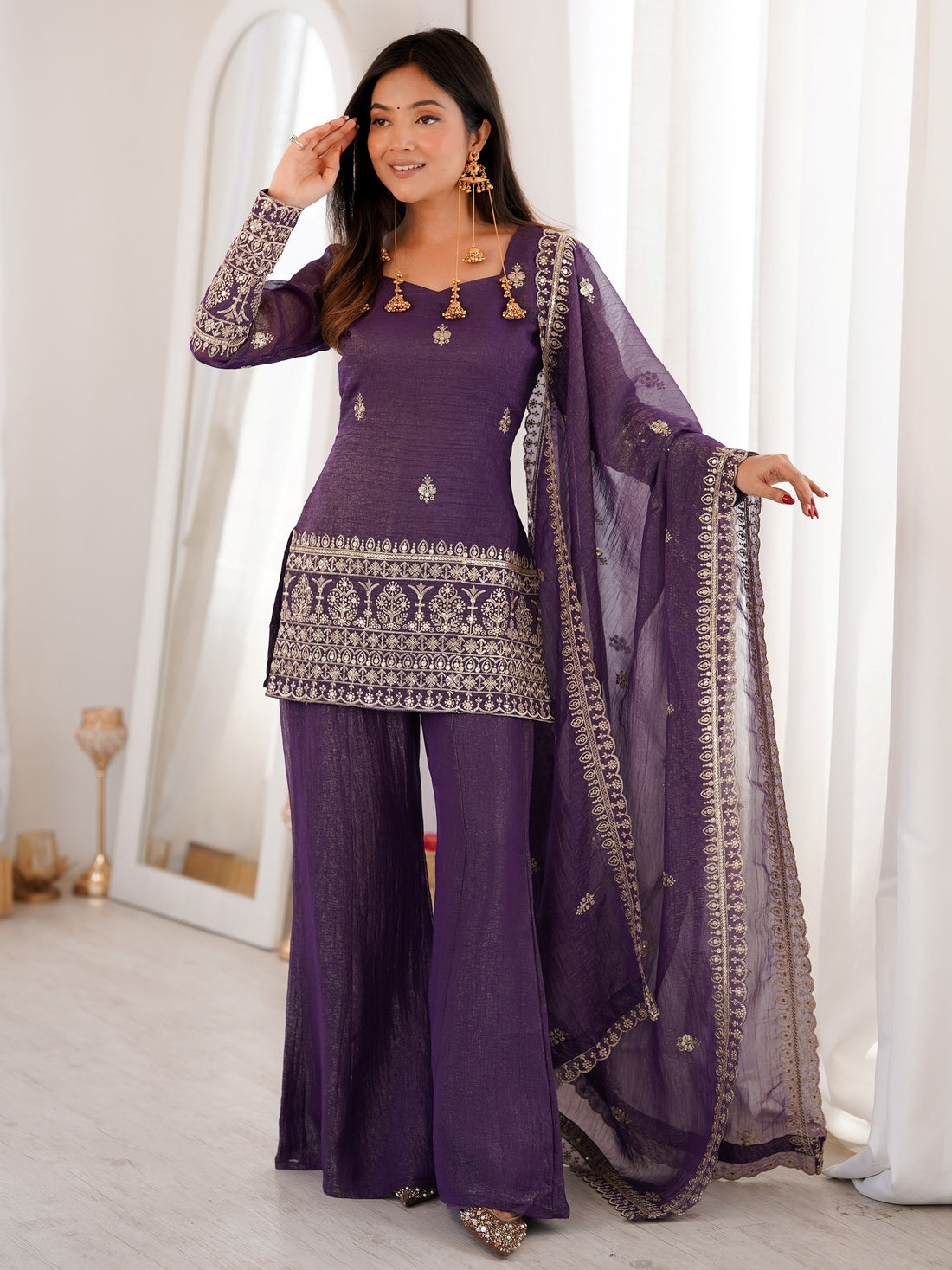 Dazzling Wine Zari Work Silk Festival Wear Suit With Dupatta