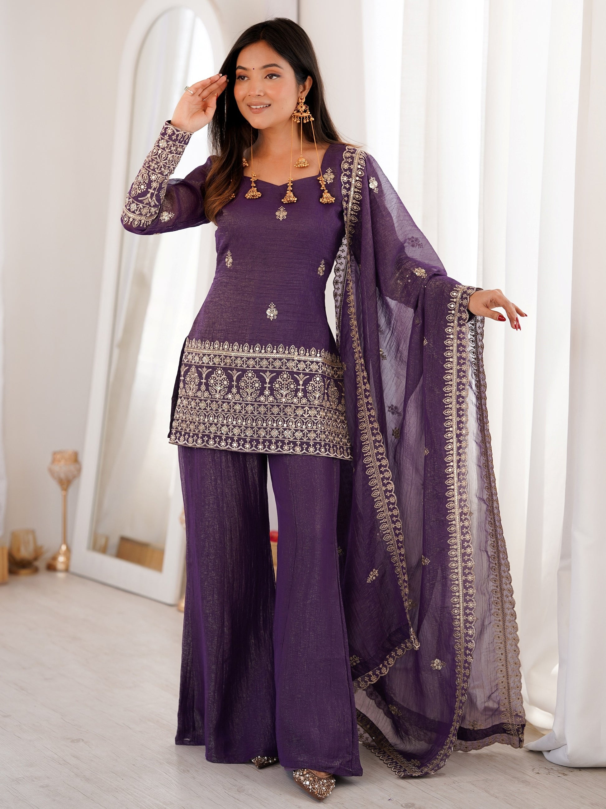 Dazzling Wine Zari Work Silk Festival Wear Suit With Dupatta