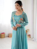 Amazing Sky-Blue Embroidered Georgette Festival Wear Co-Ord Set With Jacket