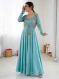 Amazing Sky-Blue Embroidered Georgette Festival Wear Co-Ord Set With Jacket