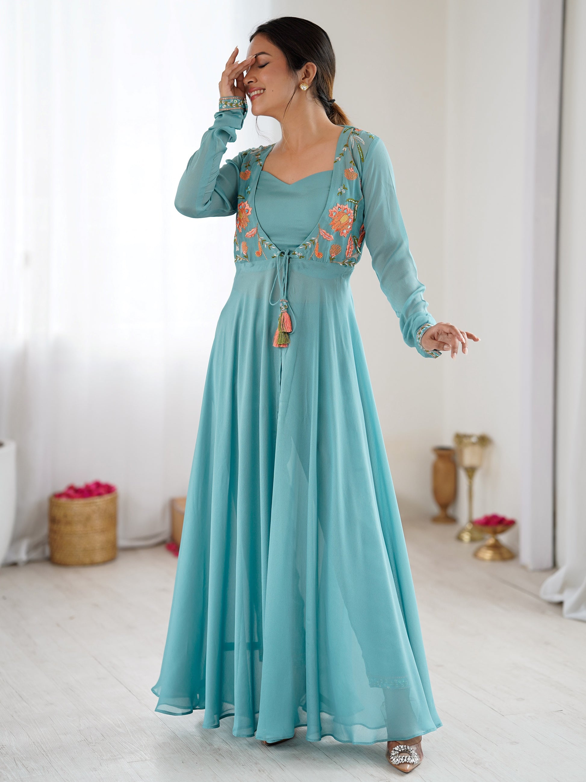 Amazing Sky-Blue Embroidered Georgette Festival Wear Co-Ord Set With Jacket